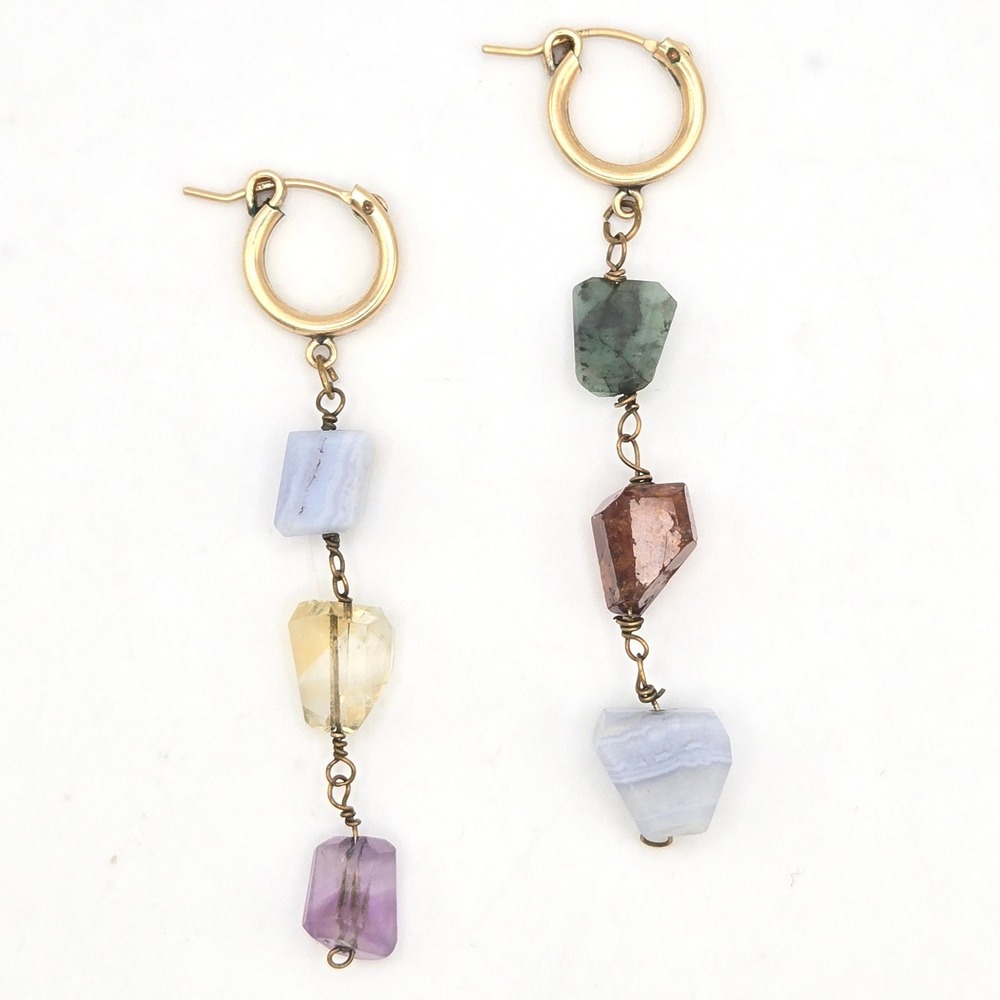 Raw Gemstone Dangle Hoop Earrings Amethyst Quartz Agate Gold Tone Mismatched - Picture 2 of 4